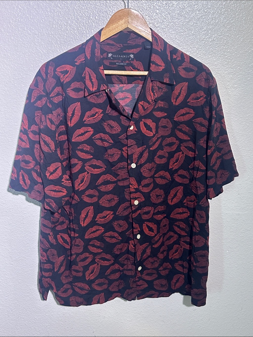 All Saints Black Short-Sleeve Shirt with Red Lip Print